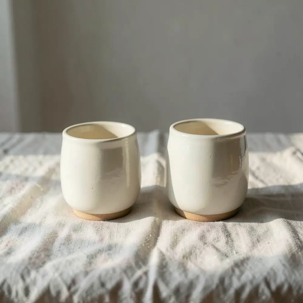 Handmade ceramics on a shelf in warm light