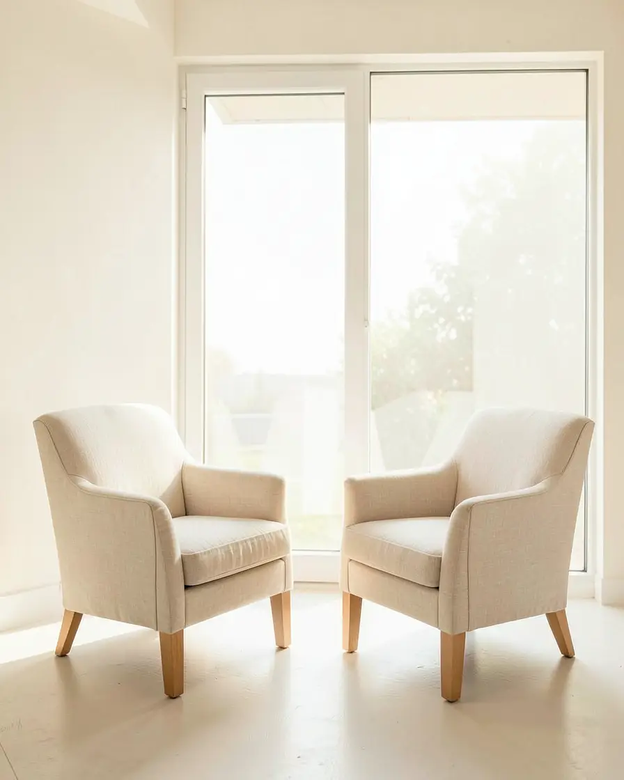 Two soft chairs turned toward each other in a calm, light-filled room
